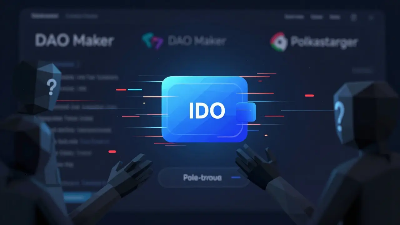 A wallet connected to a glitching fake IDO interface with shadowy figures reaching out.