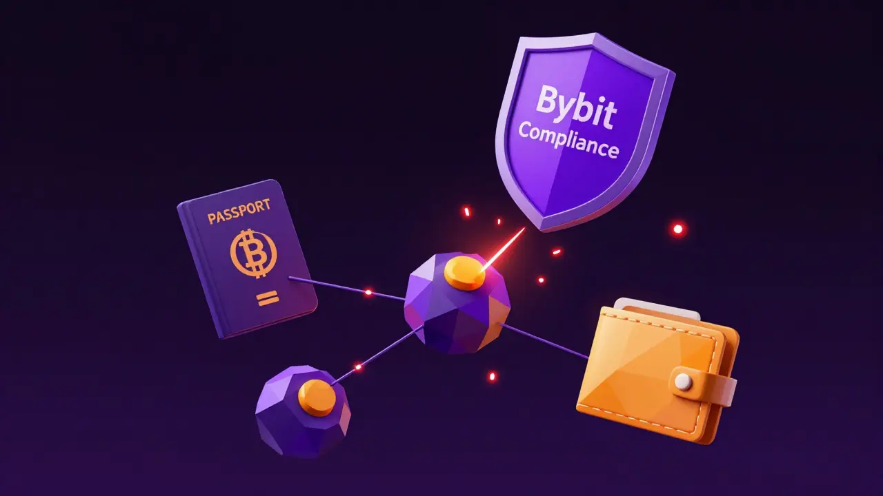 Abstract UI with passport, VPN node, and wallet balance, shattered by red compliance warning lines.