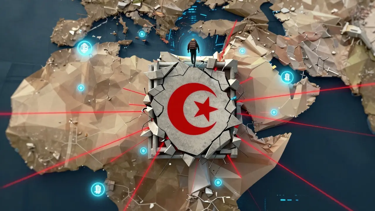 Algeria isolated in a concrete cage while neighboring countries thrive with crypto nodes.