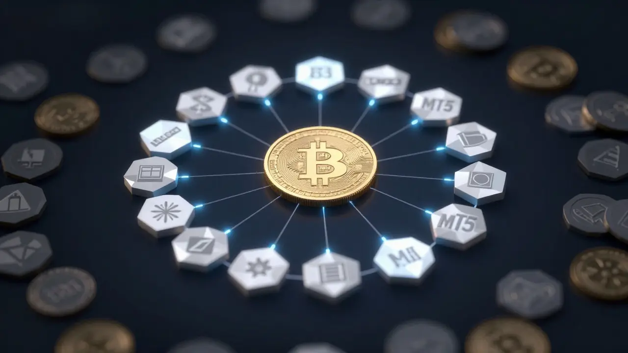 Central Bitcoin surrounded by 20-30 simplified crypto tokens, with background chaos fading out.