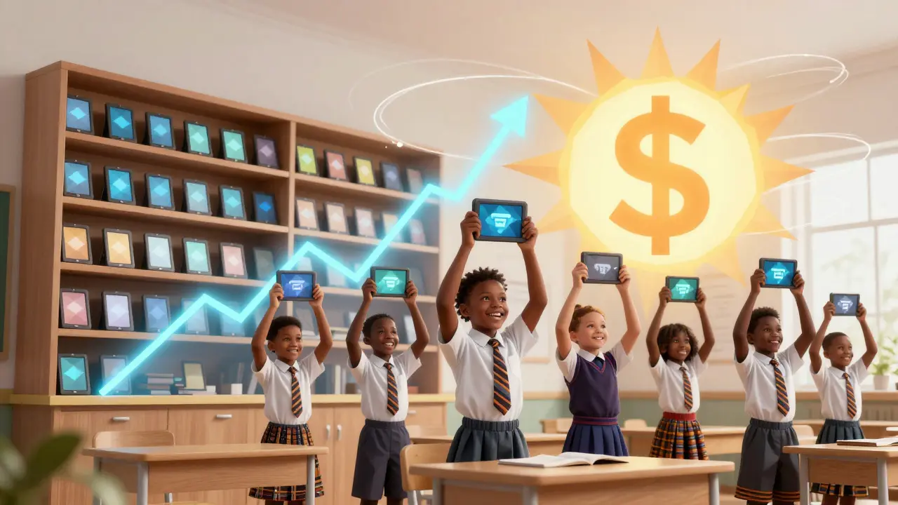 Children holding tablets under a sun shaped like the TENGE logo, with a crypto chart turning into shelves of devices.