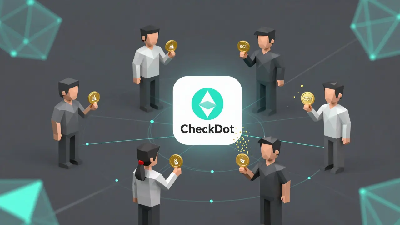 Community of low-poly avatars validating crypto projects with CDT tokens in a decentralized network.