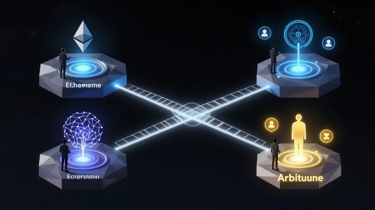 Cross-chain DAO voting interface connecting Ethereum, Arbitrum, and Cosmos with human and AI participants.