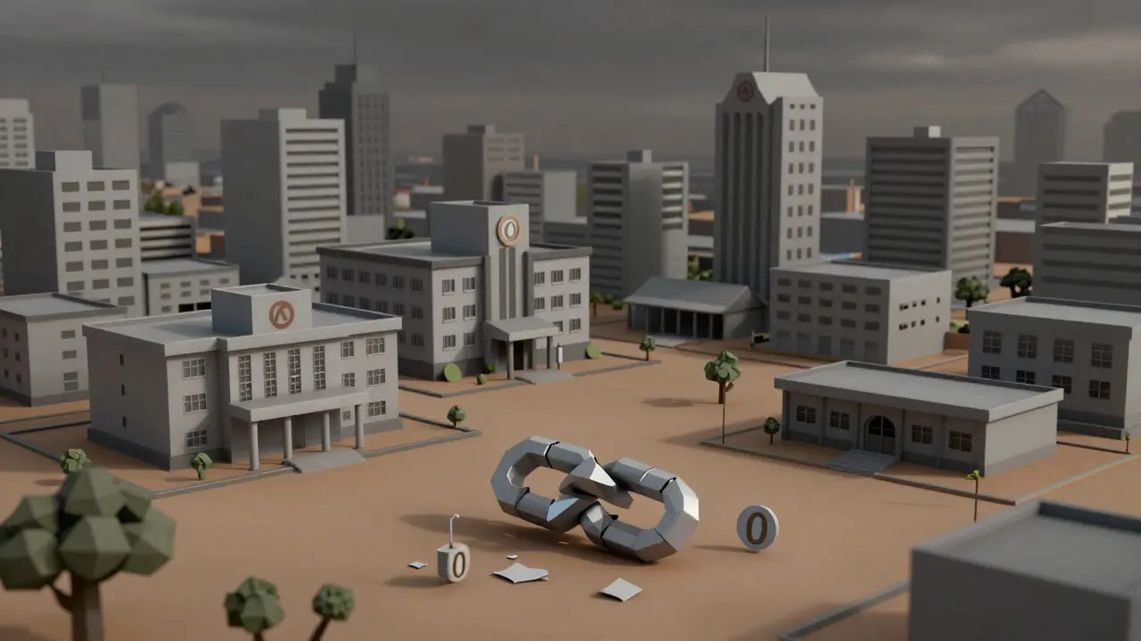 Empty African buildings under a gray sky with a broken blockchain link on the ground.
