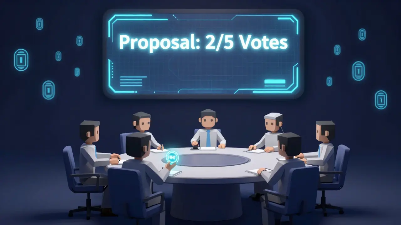 Empty DAO voting chamber with only one active voter among five seats, display showing low proposal votes.