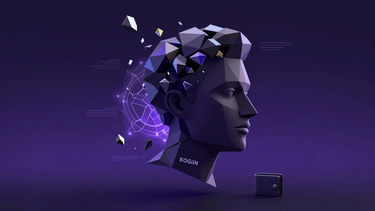 Floating KOGIN token shards forming Kogin Tonic's face against a dark digital backdrop.