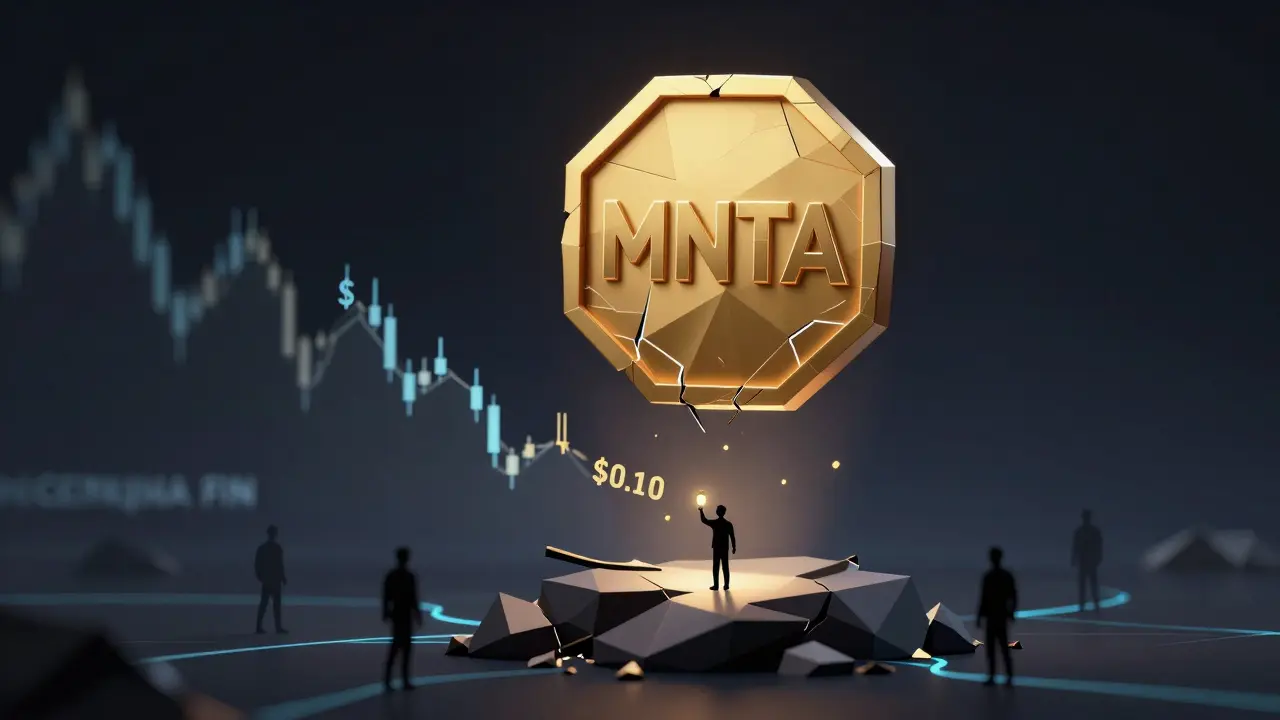 Fractured MNTA token above a collapsing price graph, with voters standing on the low point under dim light.