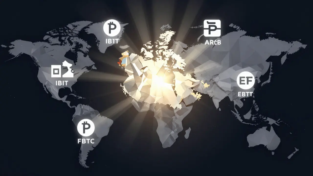 Global map with Canada shining as light beams spread to major financial centers.