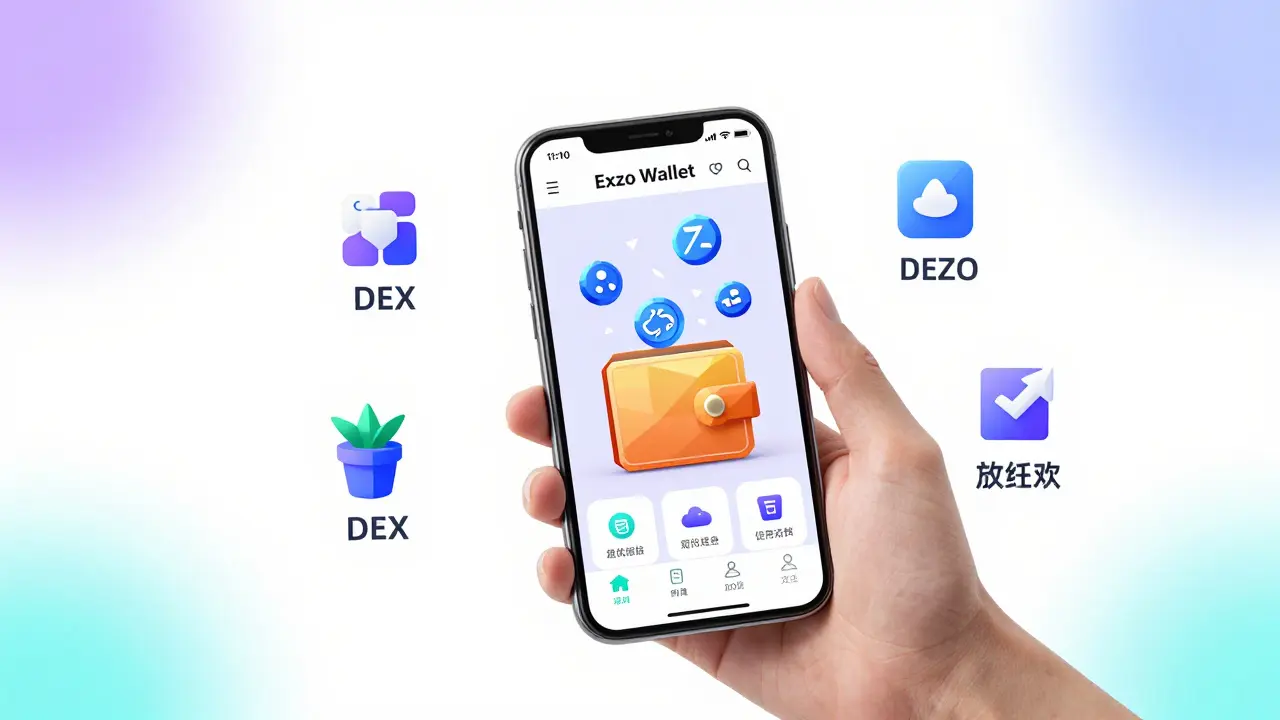 Hand holding a smartphone showing the Exzo Wallet app with EXZO tokens flowing in and ecosystem icons floating nearby.