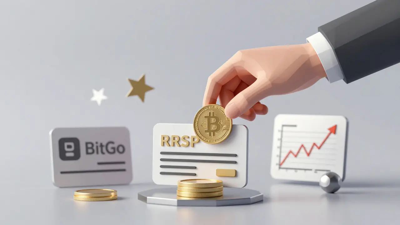 Hand placing Bitcoin into an RRSP account with financial symbols nearby.