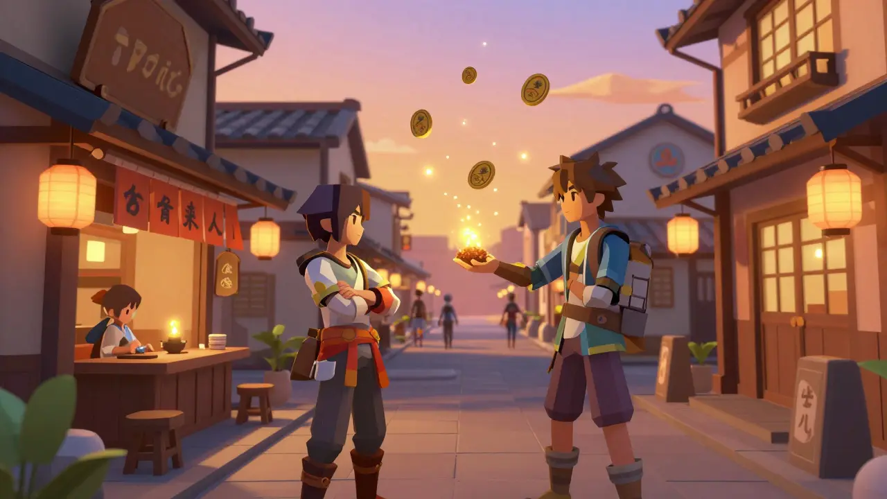 Kogin Tonic outside his tavern in Hiroba district as a player completes a quest.