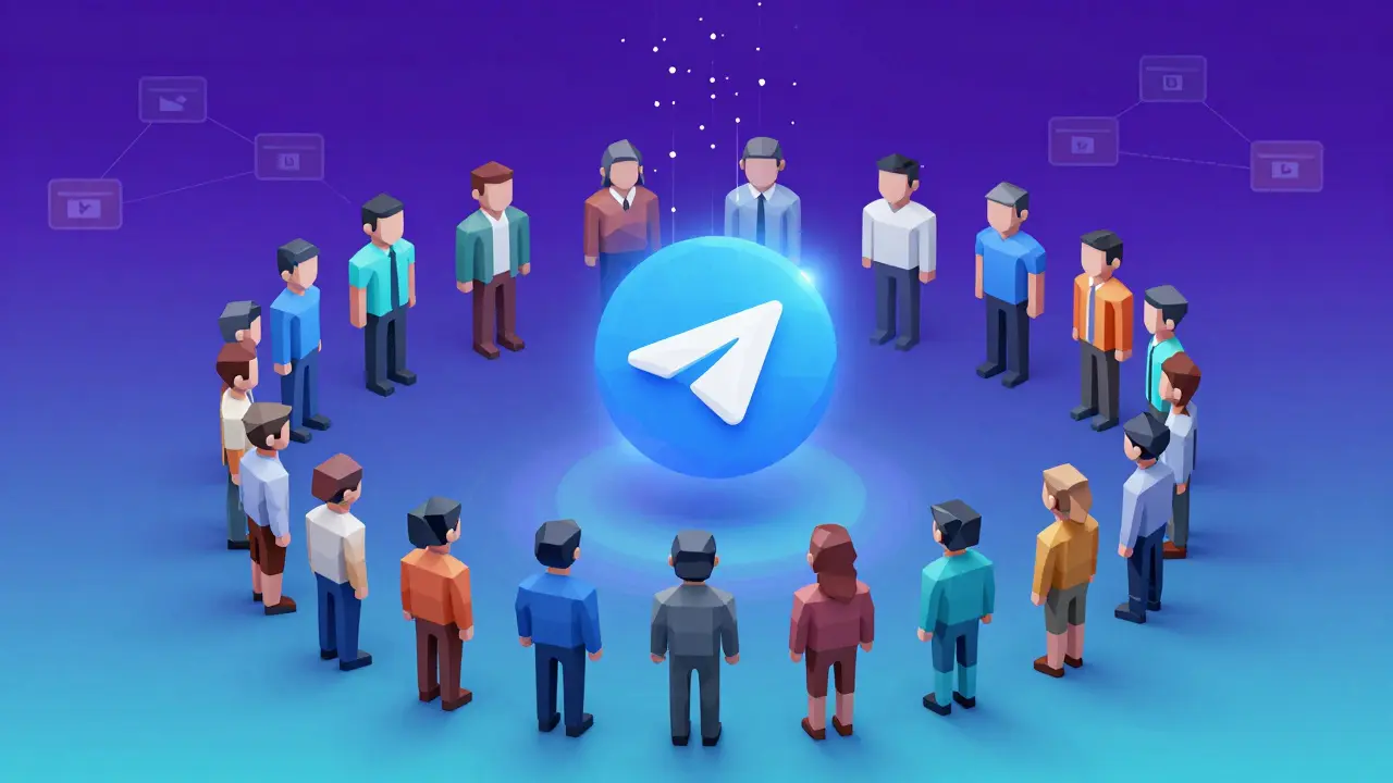 Low-poly avatars forming a circle around a glowing EXZO token as digital particles rise in a network of wallets.