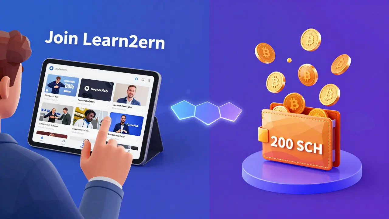 Player receiving SCH tokens from learning videos, connected by glowing hexagonal path.