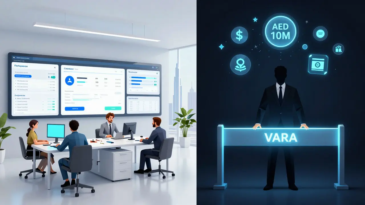 Split scene: compliant crypto team vs. unlicensed operator blocked by VARA regulatory barrier.