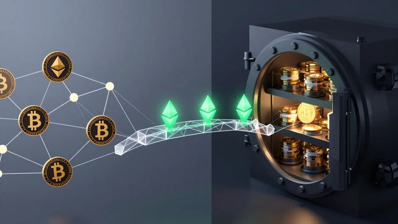 Split view of Ethereum's WBTC flow and offline BTC vault, connected by a fragile bridge with three trusted signers glowing.