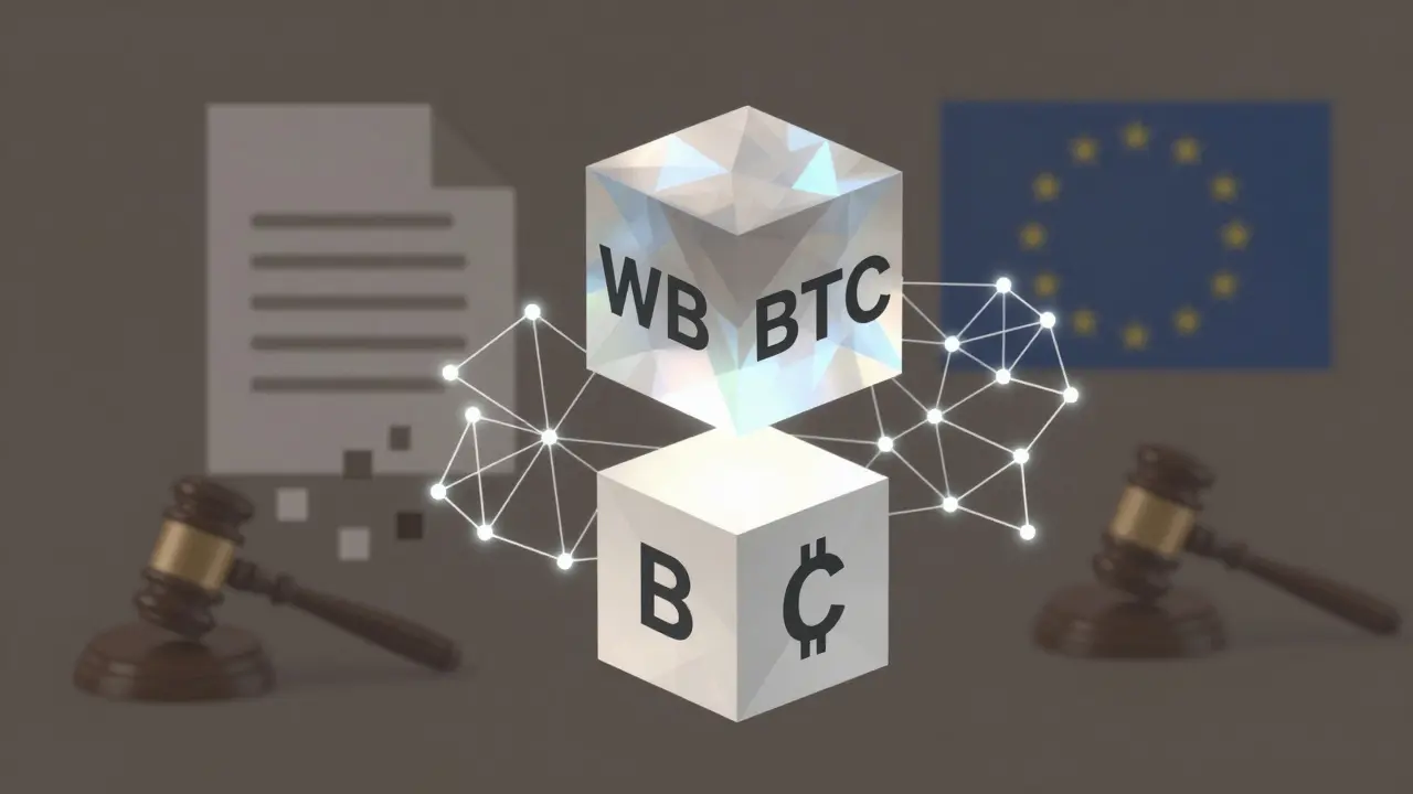 Transparent WBTC cube above BTC cube, linked by a ZK-proof lattice, with a dissolving audit PDF and regulatory symbols in background.