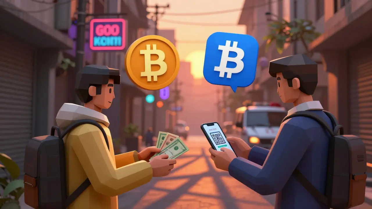 Two people exchanging cash for crypto in a Dhaka alley, with blockchain symbols floating above them under streetlights.