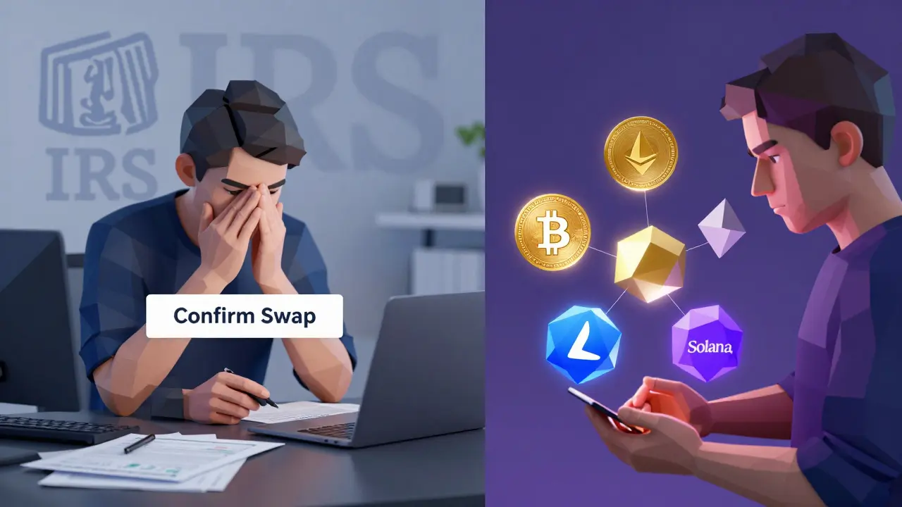 User confirming a cross-chain swap while tax documents appear in background, low poly style.