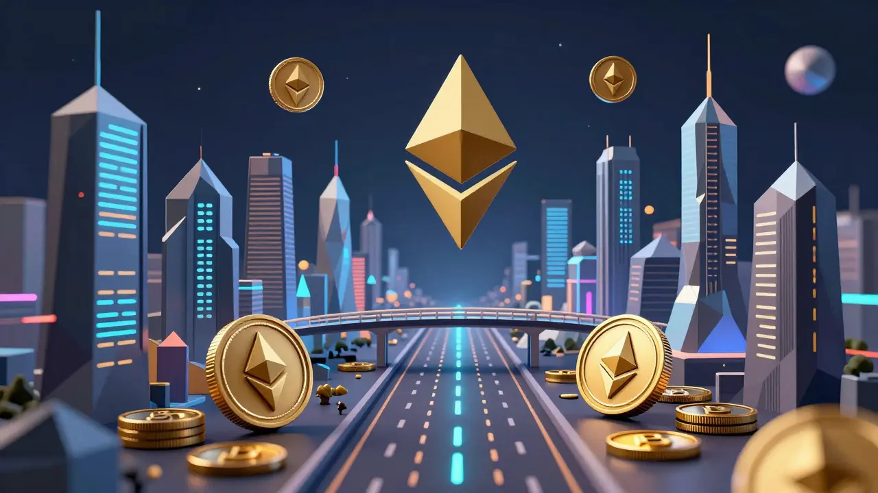 A blockchain cityscape with token-shaped skyscrapers and transactions flowing through Arbitrum’s highway in low-poly design.