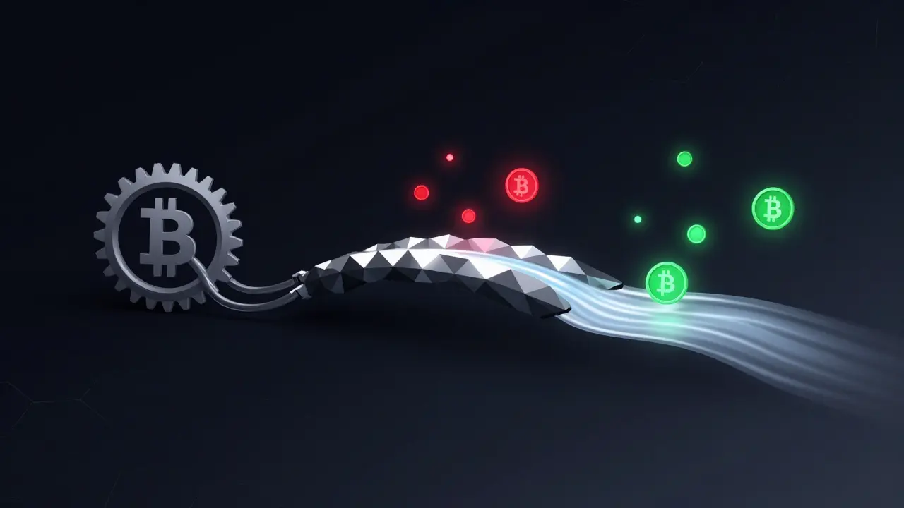 A blockchain migration bridge connects slow Src20 gears to fast Polygon streams, with SGM tokens flowing between them.