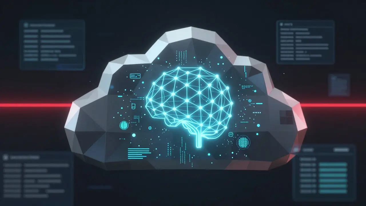 A cloud server processing encrypted medical and financial data using low-poly geometry and glowing particles.