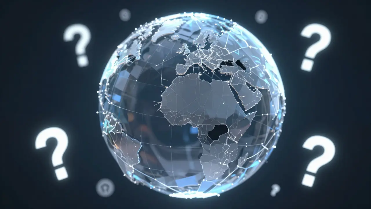 A cracked digital globe with missing country outlines and floating question marks representing unknown jurisdiction.