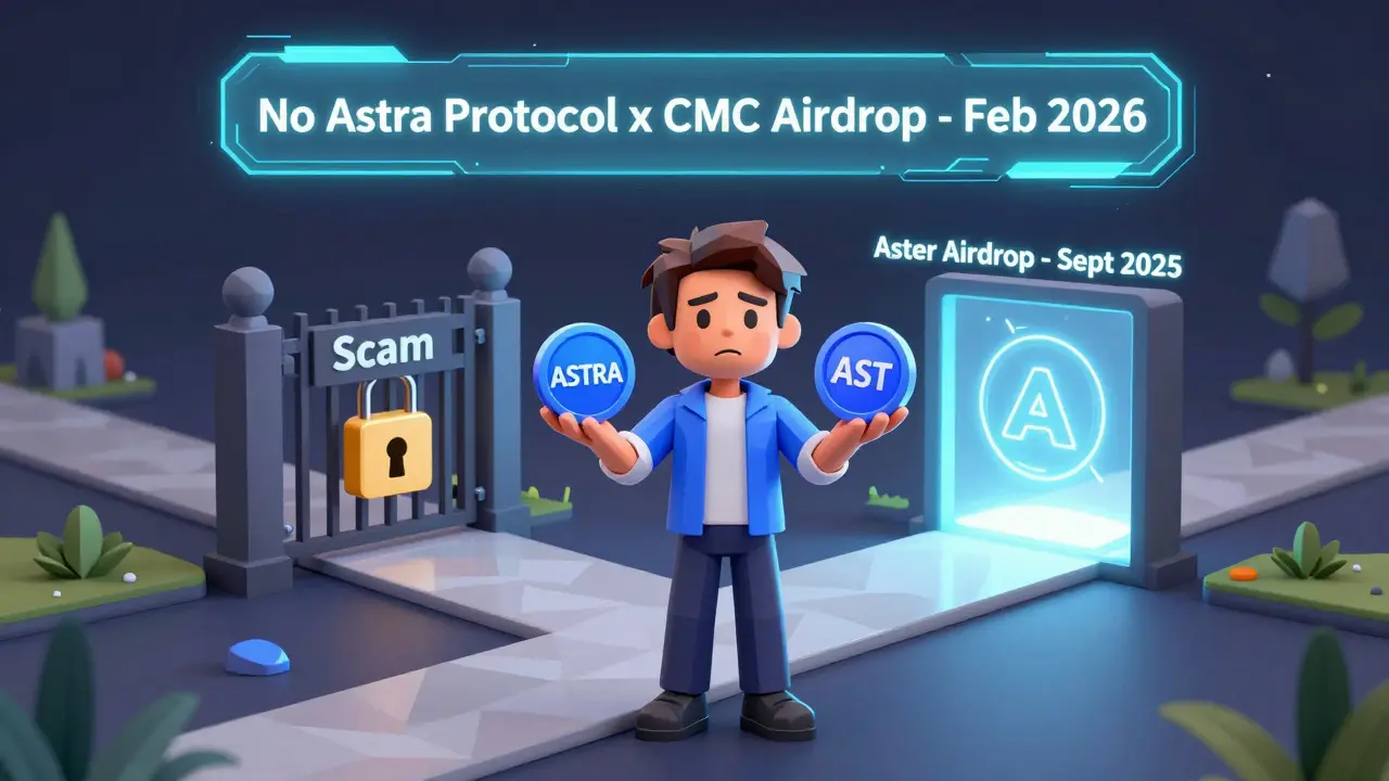 A crypto user at a crossroads holding ASTRA and AST tokens, one path leading to scam, the other to verified Aster airdrop.
