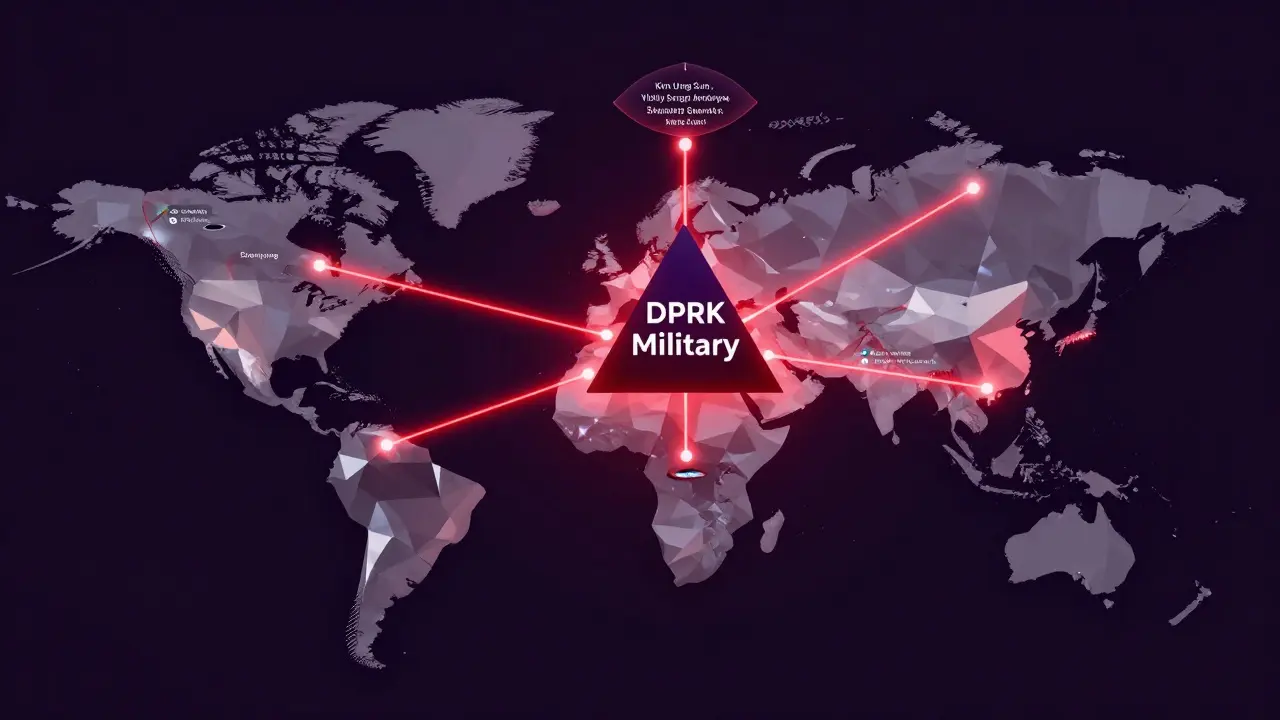 A global network of sanctioned entities connected by red transaction lines leading to a DPRK military symbol.