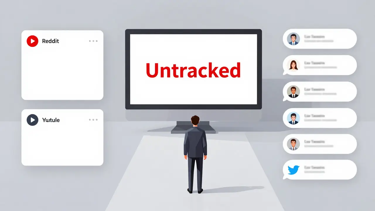 A person facing a blank screen showing 'Untracked' amid silent social media icons, while active exchanges shine nearby.