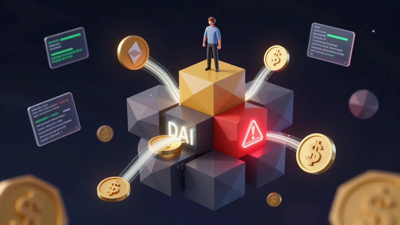 A person on top of interconnected financial modules with token streams flowing between them, one glowing red for risk.