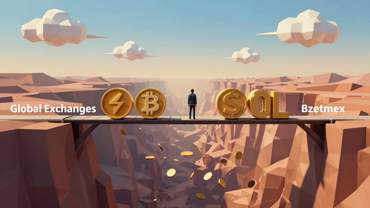A person standing on a bridge of crypto symbols, with global exchanges fading away on one side.