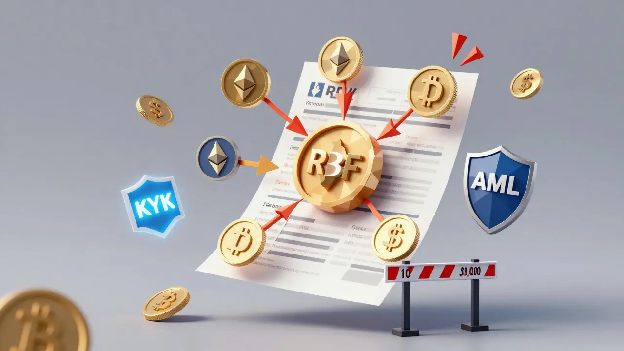 A tax form linked to crypto transactions, with compliance badges and a block on跨境 transfers.