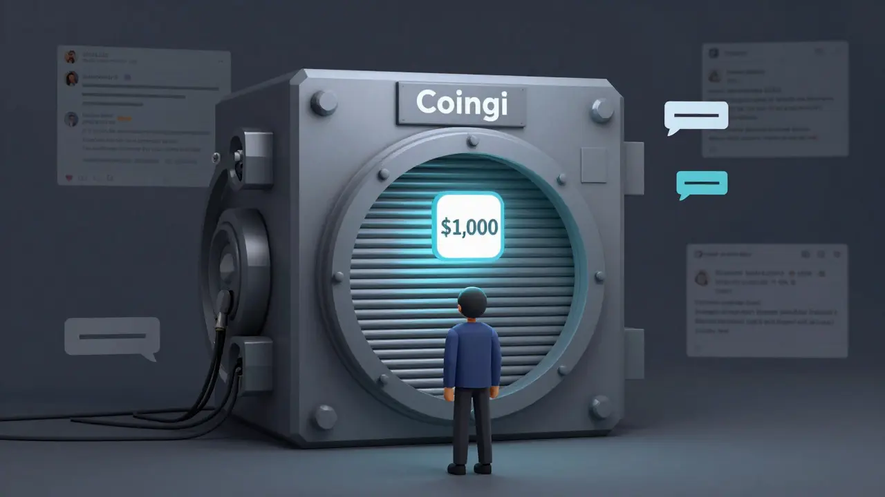 A user facing a shuttered vault with a frozen wire transfer, surrounded by silent forums and outdated social posts.