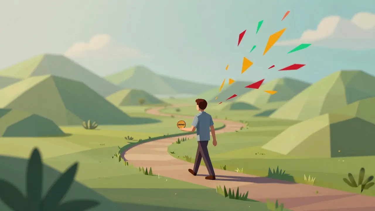 A walker moves steadily through chaotic market swings, holding a steady AIRENE coin as a symbol of patience.