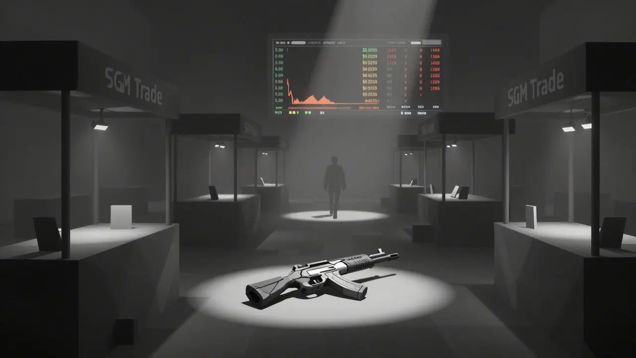 An abandoned virtual marketplace with a broken NFT weapon and crashing price charts under dim lighting.