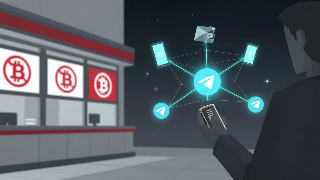 Bank blocking crypto symbols on one side, decentralized crypto network glowing on the other.