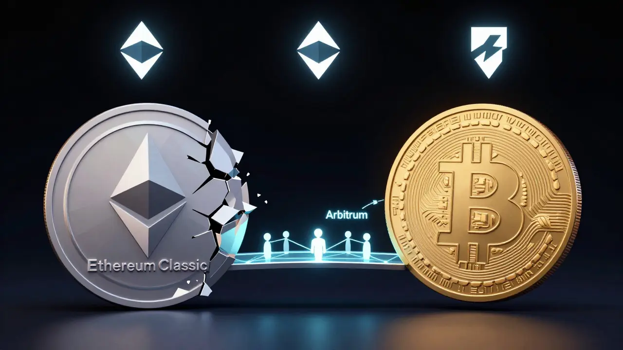 Bitcoin and Ethereum monoliths overshadowing a fractured altcoin with Layer 2 bridges