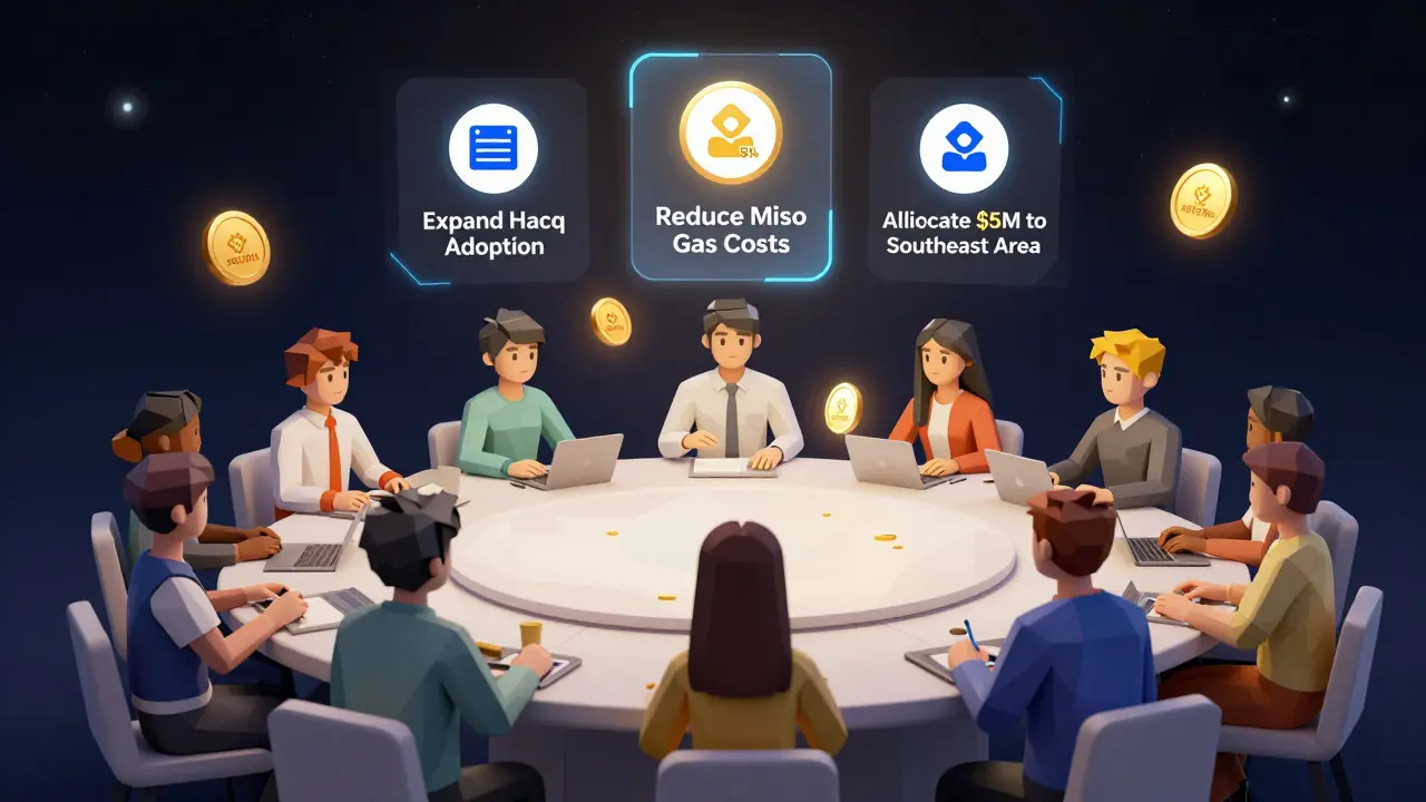Community governance table with avatars voting on proposals, xSUSHI tokens floating as ballots.