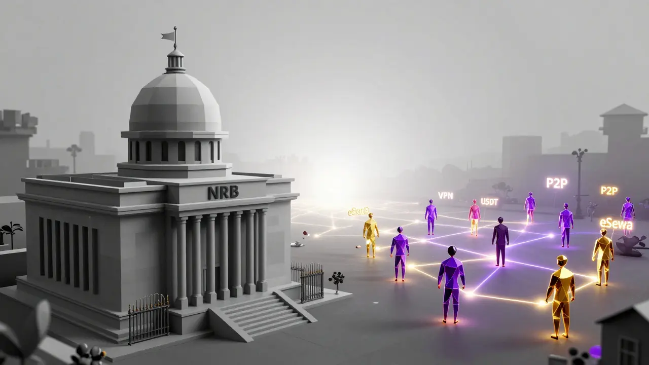 Contrast between a rigid government building and a glowing network of digital connections representing underground crypto trade.