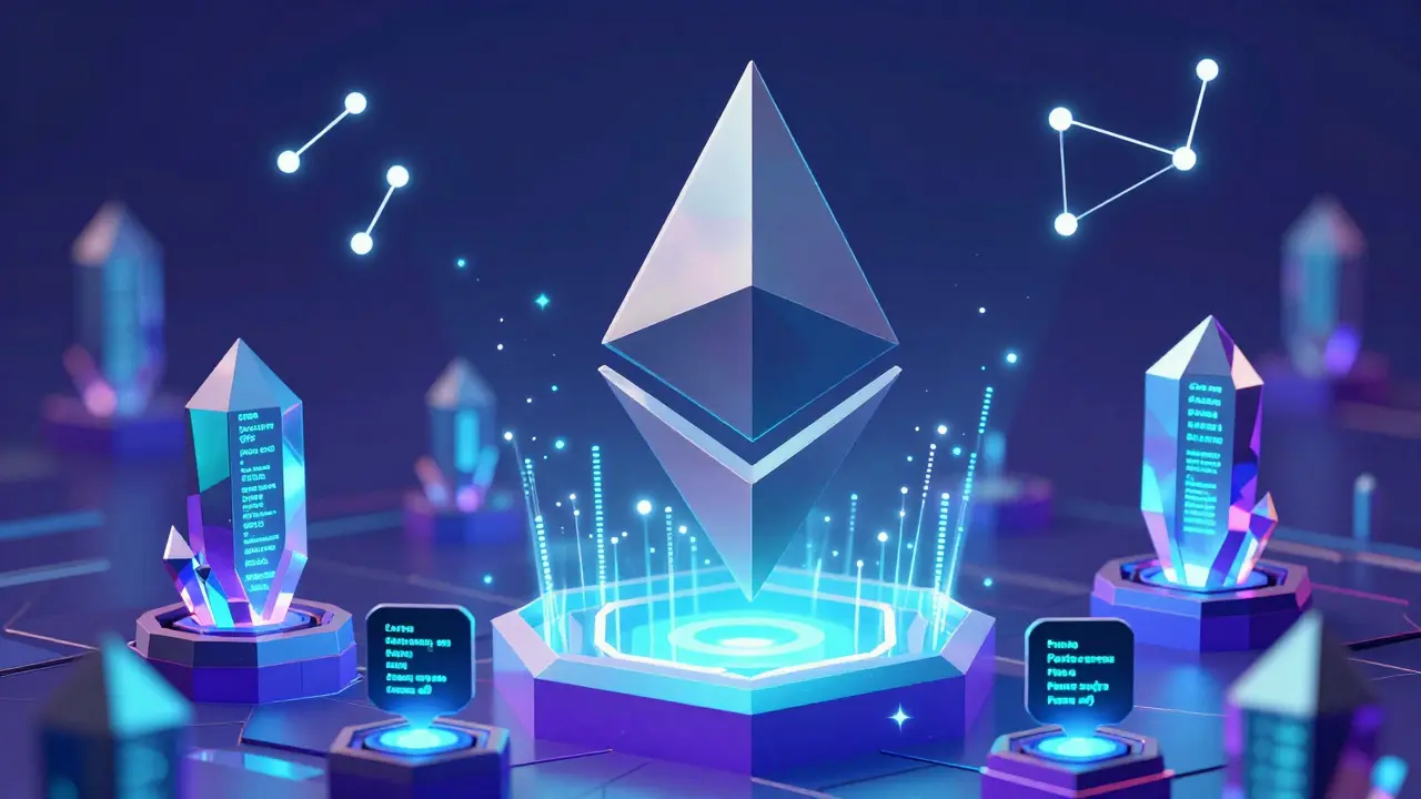 Ethereum tower with floating dApps and staking validators in geometric style