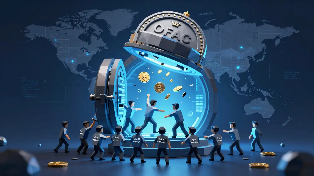 Fake IT workers draining a crypto wallet as an OFAC seal crushes it, with coins falling like rain.