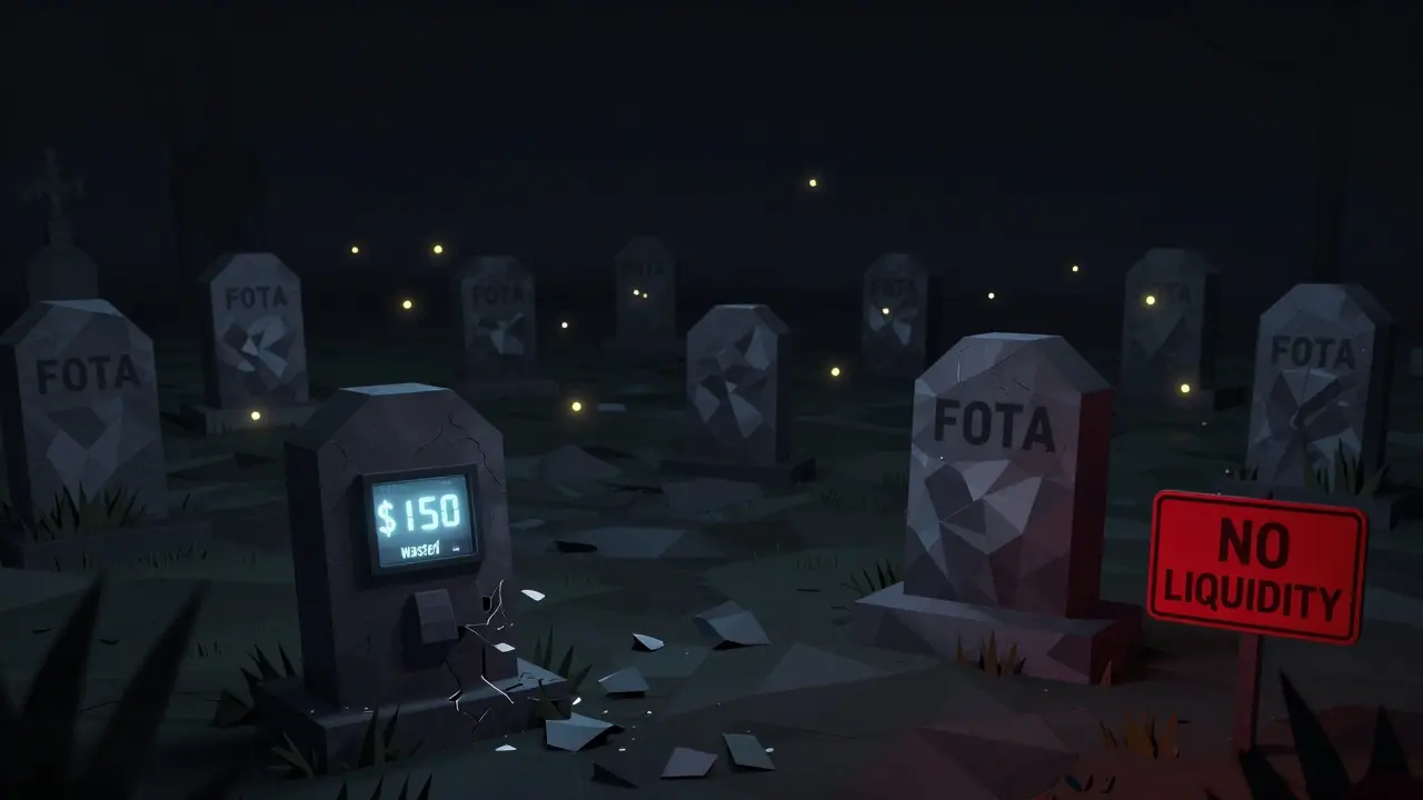 FOTA tombstone in a crypto graveyard with only 12 faint wallet lights remaining.