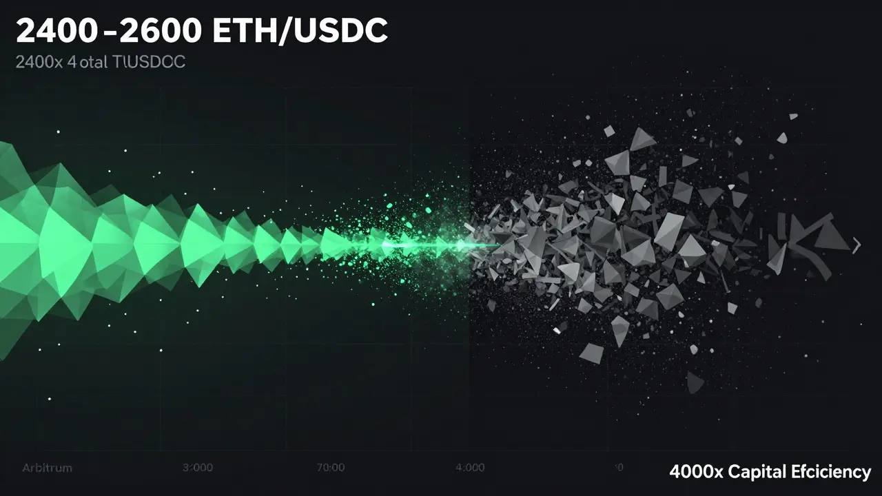 Narrow price range liquidity glowing with fee particles compared to scattered, inefficient v2 liquidity in geometric style.