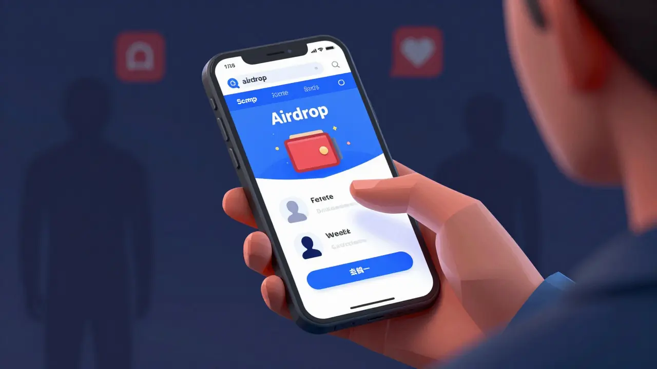 Person interacting with fake airdrop link while data is stolen