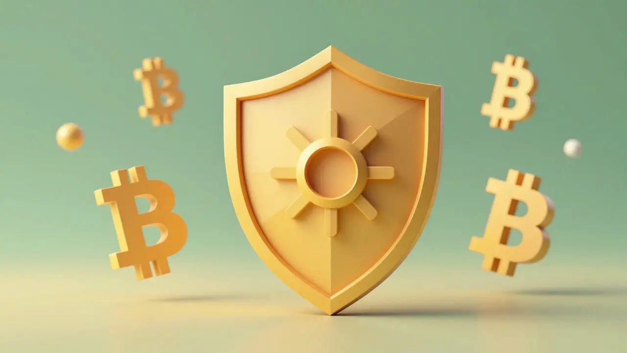 Person protected by regulatory shield surrounded by crypto symbols