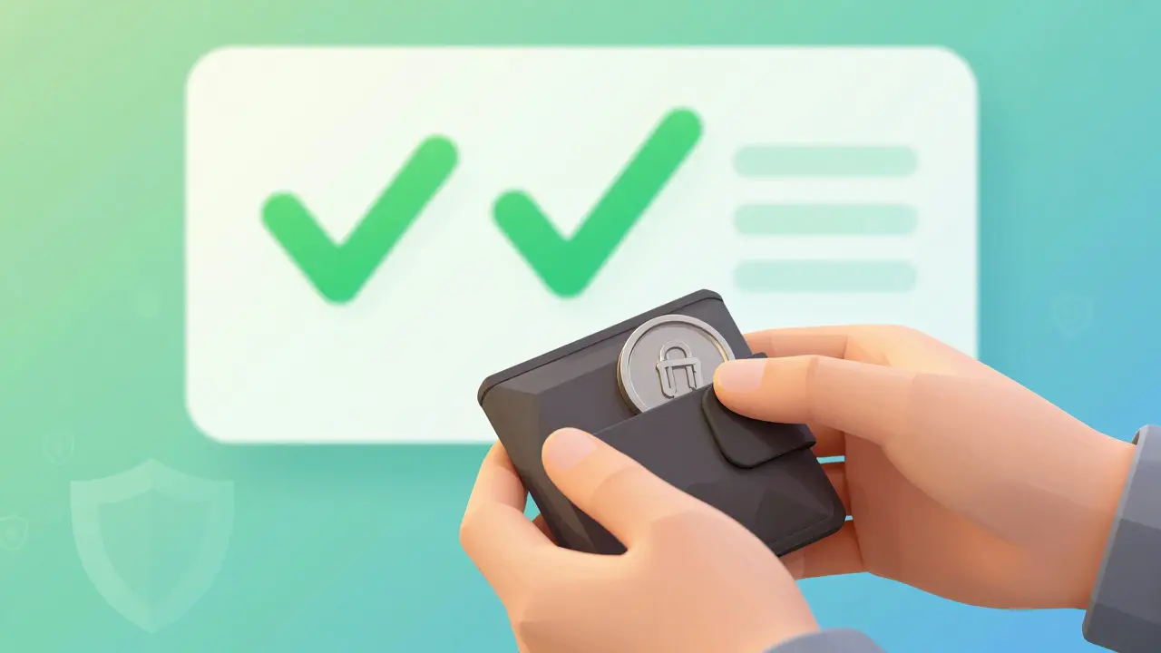 Person storing tokens in cold wallet with verification checkmark