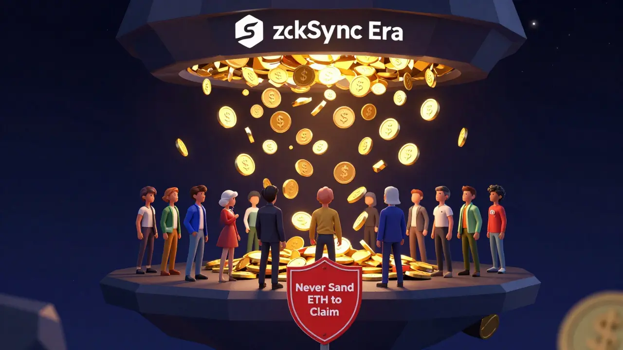 Thousands of polygonal $ETHPAD tokens raining from a zkSync portal onto user wallets, with a warning shield in foreground.