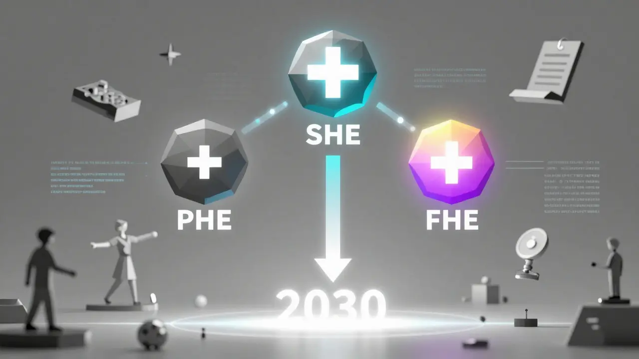 Three icons representing PHE, SHE, and FHE with abstract systems around them, leading to a 2030 horizon.