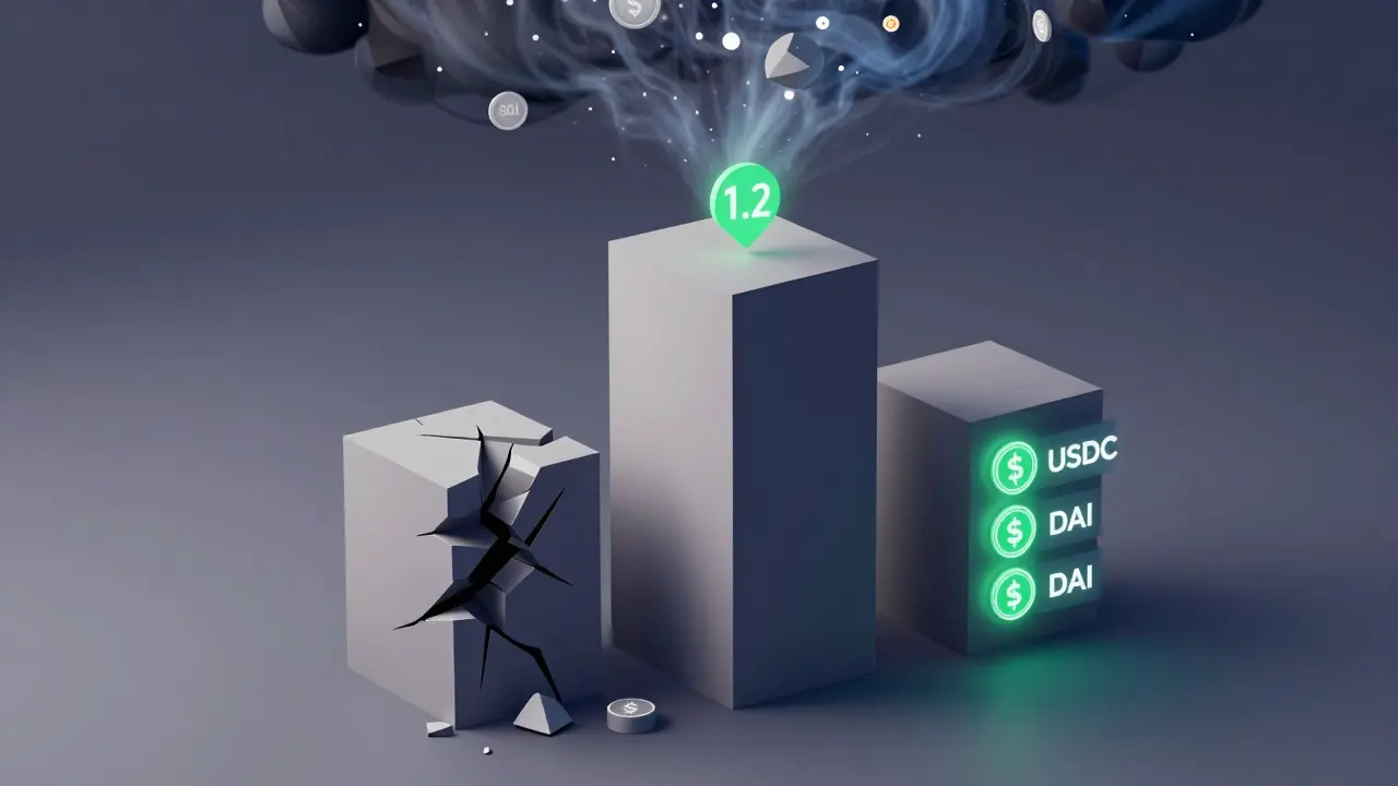 Three pillars showing collateral, loan, and health factor, with one crumbling as a small alert glows at 1.2.