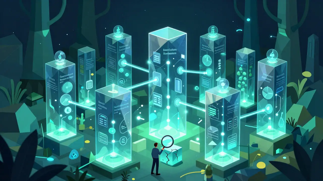 Transparent polygonal towers with glowing pathways showing capital movement across DeFi protocols, with a figure auditing a cracked block.